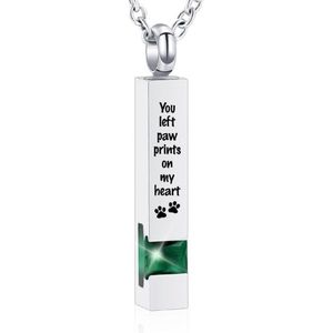 Luxe Ashanger | Met Ketting En Gravering | You Left Paw Prints On My Heart | Assieraad | Zilverkleurig Met Groene Steen | As Ketting | Gedenksieraad | Urn | Incl. As vuller