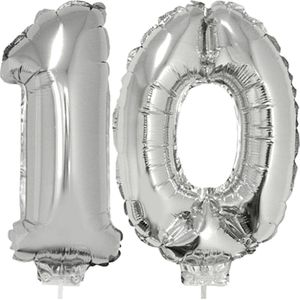 10 jaar leeftijd feestartikelen/versiering cijfers ballonnen op stokje van 41 cm - Combi van cijfer 10 in het zilver