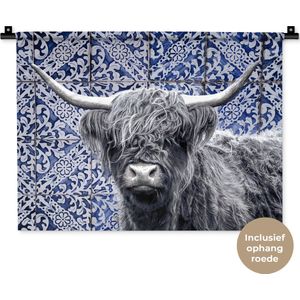 Wandkleed - Wanddoek - Delfts blauw - Schotse hooglander - Zwart - Wit - 60x45 cm - Wandtapijt
