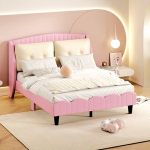 Sweiko 140 x 200 cm gestoffeerd bed met Platte noedelslijst, rugleuning en twee grote kussens, tweepersoonsbed, gemaakt van PU leer, geschikt voor volwassenen en tieners, roze