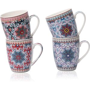 Premium koffiemokken set van 4 Oosterse design - grote Marokkaanse keramische koffiebeker ca. 300 ml - Afrikaanse boho theekopjes - koffiekopjes set - cadeau vrouwen (design 6 sterren)