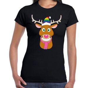 Foute Kerst t-shirt Gay Ruldolf met regenboog muts en roze sjaal zwart voor dames L