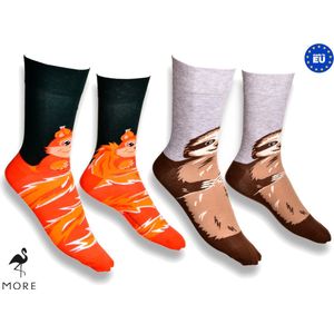 More Fashion - Dames Sokken - Maat 35 36 37 38 - 2-Pack - Leuk Dieren Print - Kleurrijk - Luiaard & Eekhoorn - MADE IN EU