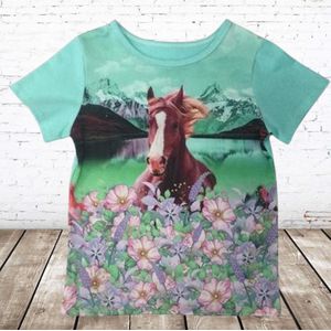 Mint groen meisjes shirt met paarden -s&C-98/104-t-shirts meisjes