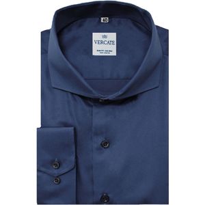 Vercate - Strijkvrij Overhemd - Navy - Marine Blauw - Slim Fit - Katoen Satijn - Lange Mouw - Heren - Maat 40/M