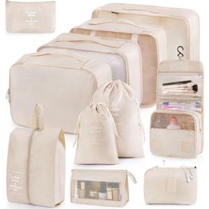 Verpakkingskubussen 11 stuks met waszakken-schoenentas-toilettas-kabelorganizertas (beige) - Praktische verpakkingsorganisatoren
