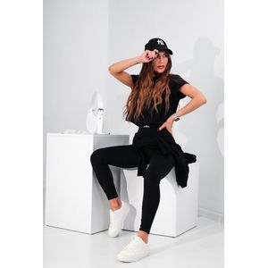 Dames trainingspak-huispak–katoen–tweedelig–slim fit joggingbroek–capuchon–zwart–XS/S