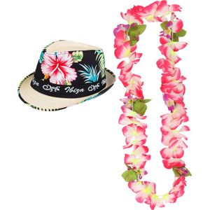 Hawaii thema party verkleedset - Trilby strohoedje - bloemenkrans roze/wit - Tropical toppers - voor volwassenen