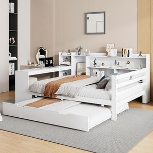 Volwassen bed Gecombineerd bed Sofabed in massief hout 140x200 cm met bureau, planken, opbergvakken en planken met inklapbaar bed wit