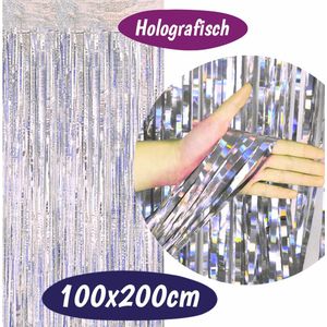 Glittergordijn – Feest Deurgordijn - Feestgordijn - Glitter Folie Gordijn - Backdrop - Fotowand Decoratie - Verjaardag Feest - Holografisch - Zilver - 100x200cm