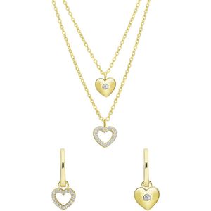 Lucardi Dames Zilveren goldplated set ketting en oorbellen hart - Cadeau - Moederdag Set - 925 Zilver - Goudkleurig