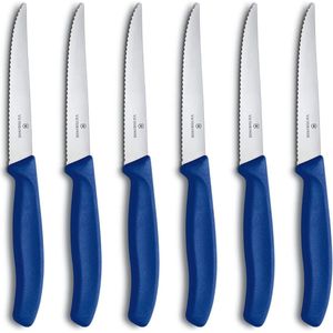 Swiss Classic, professionele steakmessenset, 6-delig, extra scherp lemmet, gekarteld, 11 cm, robuuste kunststof handgreep, roestvrij staal, blauw