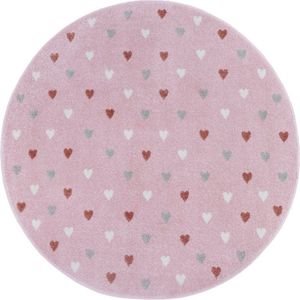 Flycarpets Adventures Kinderkleed Rond vloerkleed - Harten - Roze - 140x140 cm