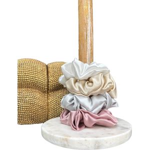 Zijden Scrunchie Pack Soft Colours, 4 kleine scrunchies, Champagne, Wit, Silver, Mauve