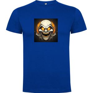 Kobalt Blauw T-Shirt met “ Kleurrijke Halloween Spooky Face “ Print Full Color Maat S