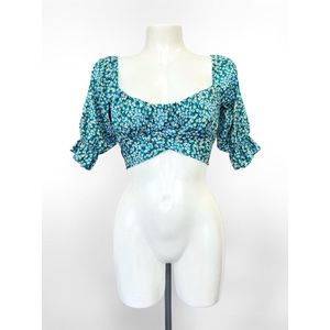 Bloemenprint crop top - Turquoise - Korte top met bloemen print - Floral top - Pof mouwen - Tie up - Verstelbaar - One-size - Een maat - Groen - Blauw