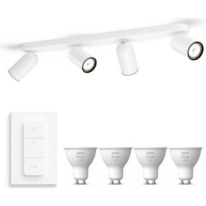 Philips myLiving Pongee Opbouwspot White GU10 - 4 Hue Lampen en Dimmer Switch - Wit Licht - Dimbare Plafondspots - Wit