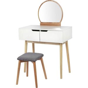 Monkey's Kaptafel – Make up Tafel Voor Vrouwen - Met Kruk - Wit - Bruin - Kaptafel Met Spiegel - Kaptafels -  80 x 80 x 20 cm