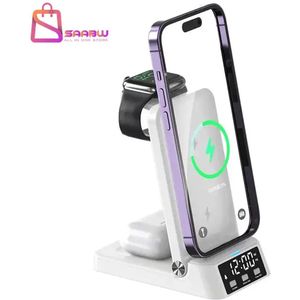 Draadloos Oplaadstation - Wit - 3-in-1 - Met Wekker en Nachtlampje