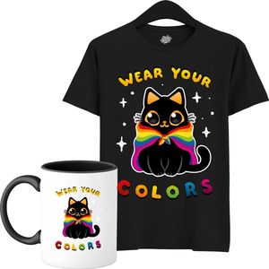 Schattige Pride Vlag Kat - Unisex T-Shirt Mannen en Vrouwen - LGBTQ+ Suporter Kleding - Gay Progress Pride Shirt - Rainbow Community - T-Shirt met mok - Unisex - Zwart - Maat L