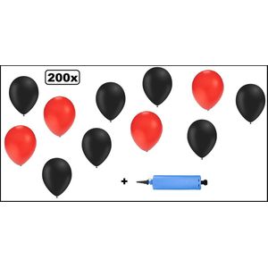 200x Ballonnen zwart en rood + ballonpomp - Ballon carnaval festival feest party verjaardag landen helium lucht thema