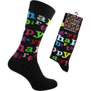 VERJAARDAG - Happy Birthday sokken - zwarte design sokken met gekleurde teksten - maat 39 / 46