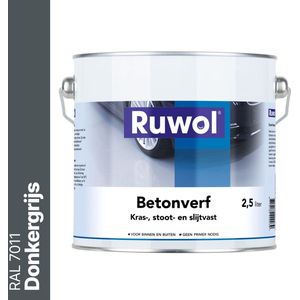 Ruwol Betonverf Donkergrijs (RAL 7011) 2,5 liter - Voor binnen en buiten - Alle kleuren - Kras-, stoot- en slijtvaste verf voor beton en steen - Betonverf voor buiten
