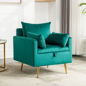 Sweiko Moderne minimalistische fluwelen stoelen, fauteuils, enkele sofastoelen met opbergruimte, comfortabele kussens en gouden metalen poten