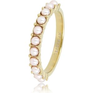 My Bendel - Ring goudkleurig met kleine roze parels - Goudkleurige aanschuifring met kleine roze parels - Met luxe cadeauverpakking