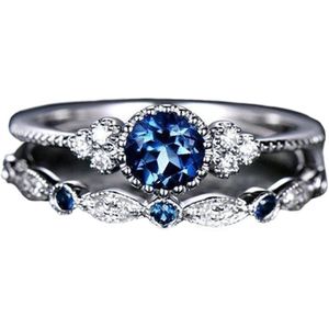 Ring blauwe steen (set) - Met edelsteen - Ring met steen dames - Ring zilver kleurig staal - ring dames ringen set van 2 - Blauw