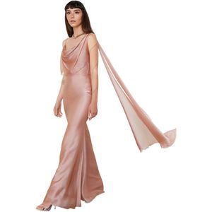 Trendyol Roze Carmen Kraag Geweven Chiffon Lange Elegante Avondjurk Tprss24Ae00137
