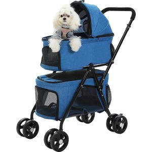 KBK® Dierenbuggy - Hondenwagen - Voor hond en katten - opvouwbaar - Met veiligheidsgordel - Blauw - 87x48x140cm