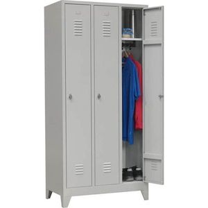 ABC Kantoormeubelen industriële locker garderobekast 3- delig grijs met pootjes en opening voor hangoogsluiting (zonder hangslot geleverd)
