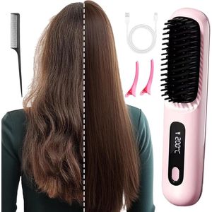 Stijltang - Draadloze stijltang - Krultang - Compact en draagbaar - Met LED-display - Bescherming tegen verbranding - Mini - Warme borstel - Dames (roze)