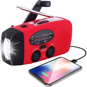 Draagbare noodradio - Powerbank 2000 mAh - Zaklamp - Solar opwindbaar - SOS alarm - USB-C kabel - Noodpakket - Kunststof - rood
