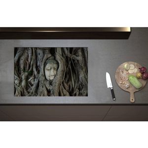 Inductieplaat Beschermer - Budha tussen Bomen - 75x50 cm - 2 mm Dik - Inductie Beschermer - Bescherming Inductiekookplaat - Kookplaat Beschermer van Zwart Vinyl
