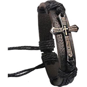 Fako Bijoux® - Armband Leer - Kruis Smal - Zwart
