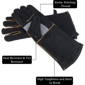 Extreme hitte- en brandwerende handschoenen van leer met kevlar-stiksels, perfect voor open haard, fornuis, oven, grill, lassen, barbecue, mig, pannenlappen, dierenbehandeling, zwart-grijs