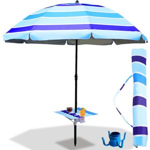 Strandparasol - Parasol - gestreept - 210 cm - UV-bescherming - incl. draagtas - Stokparasol - - ronde / achthoekige Tuinparasol van Polyester - Kantelbaar - met Draagtas - blauw