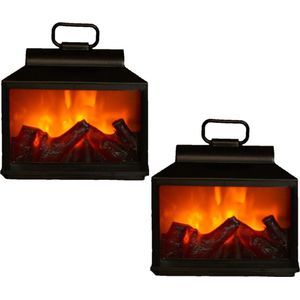 2x stuks sfeerhaarden/open haard lantaarns zwart met led verlichting L18 x B9 x H16 cm - Woondecoratie/kerstversiering verlichting