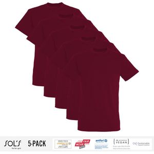 5 Pack Sol's Heren T-Shirt 100% biologisch katoen Ronde hals Burgundy Maat XL