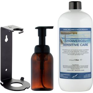 Zeepdispenser 300 ml amber bruin hervulbaar + 1 liter Showergel Sensitive Care navulling (inclusief beugel)