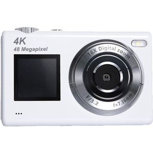 Digitale camera met dubbel scherm - Autofocus 4K 48MP Vloggingcamera Fotocamera met 32GB-kaart, compactcamera, 16x zoom, anti-shake, cadeau voor kinderen, tieners en beginners - Wit