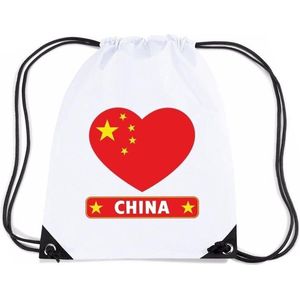 China nylon rijgkoord rugzak/ sporttas wit met Chinese vlag in hart