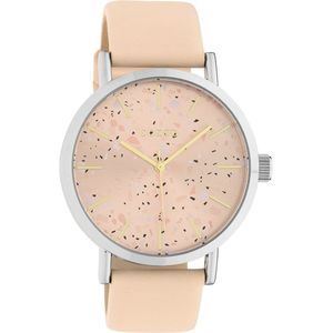 OOZOO Timepieces - Zilverkleurige horloge met zacht roze leren band - C10410