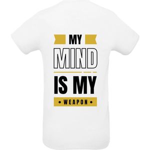 Huurdies Sportshirt | My mind is my weapon| maat m| Bedrukkingskleur goud| wit shirt