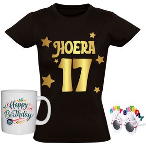 17 jaar Dames T-shirt + Koffiemok + Zonnebril - goud - verjaardag - shirt