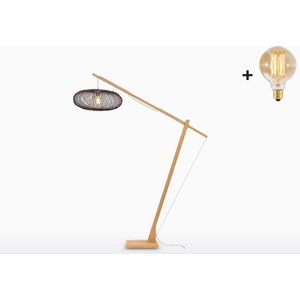 Vloerlamp - CANGO - Bamboe Voetstuk (h. 220cm) - Zwarte Kap (60x25cm) - Met LED-lamp