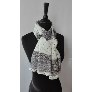Dames sjaal - chiffon - stipjes - polka dots - kant - zwart - crème - 45 x 155 cm