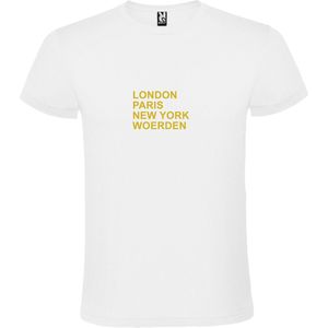 Wit T-shirt 'LONDON, PARIS, NEW YORK, WOERDEN' Goud Maat 5XL